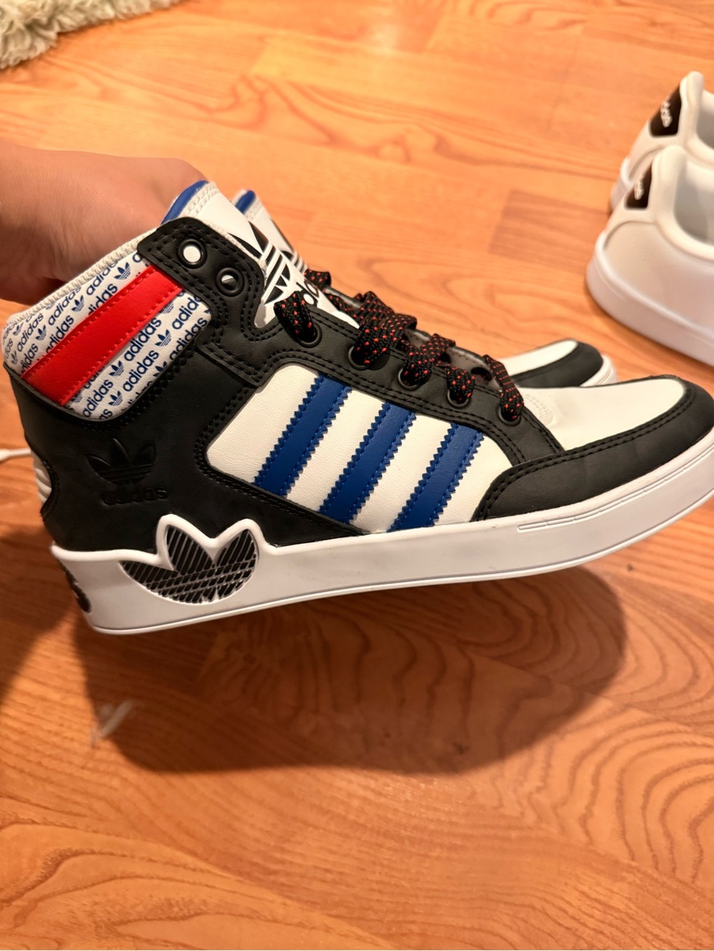 adidas High-Top Sneakers in White, Black & Blue with Red Accent